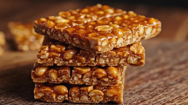 Stack of glossy, perfectly square pieces of finished peanut chikki brittle resting on a wooden surface ready for consumption under warm studio lighting surface, close-up, square