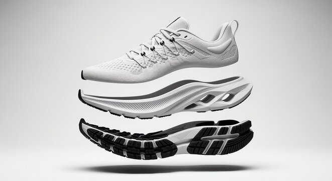 Exploded view of white running shoe, showcasing its upper, midsole, and outsole layers floating in air.