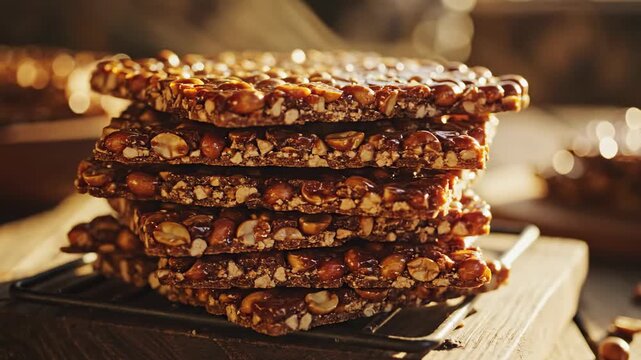 Stacked traditional Indian peanut chikki brittle pieces cooling under warm golden hour sunlight showcasing the crunchy texture and deep color brittle pieces, delicious treat, stacked candy