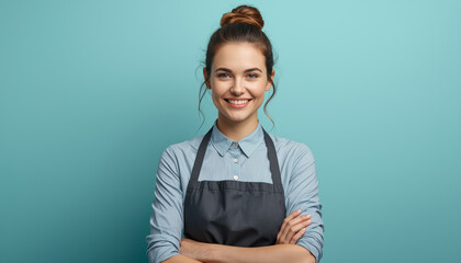 Friendly smiling cashier wearing apron and collared shirt with folded arms