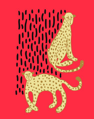 Red poster with two cartoon cheetahs.