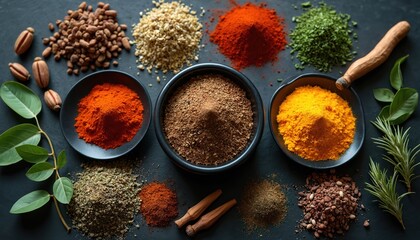 Assortment of various dried spices, fresh herbs in bowls, piles on dark surface. Includes vibrant paprika, turmeric, green herbs. Spices are arranged for cooking, seasoning, culinary preparations.