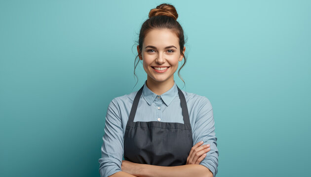 Friendly smiling cashier wearing apron and collared shirt with folded arms