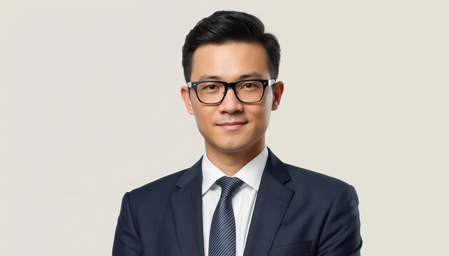 Young professional man in navy suit and tie smiling confidently