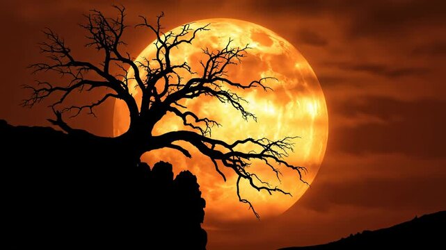 Stark black silhouette of a twisted, barren tree clinging to a ridge line against an intensely large, glowing orange sun disk backdrop sunset, stark black silhouette, glowing orange sun disk