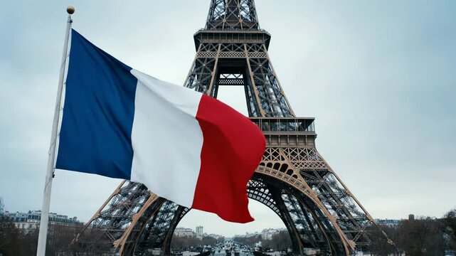 French Flag Waves in Front of Iconic Paris Landmark