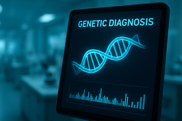 Advanced genetic diagnosis technology screen featuring DNA helix visualization for biotechnology research and personalized medicine investment concepts