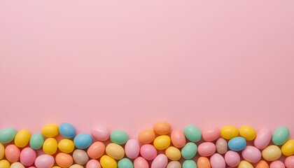 Pastel Easter candy border of jelly beans on pink background, festive spring mood