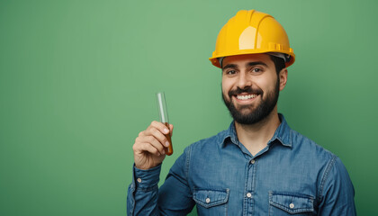 Environmental engineer holding hard hat and test tube smiling confidently