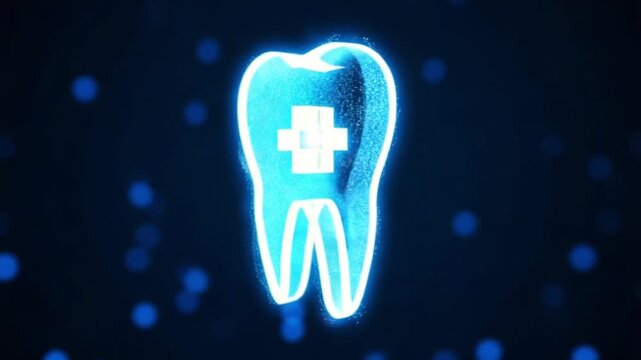 Glowing blue tooth icon with white medical cross on dark background with blue dots