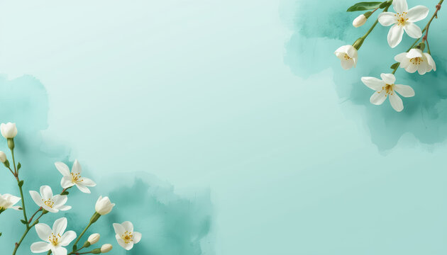 Elegant pastel aqua background with floating jasmine buds and soft watercolor mood
