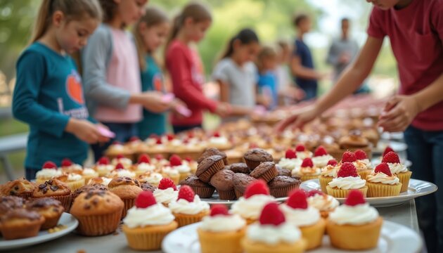 Children sell cupcakes and muffins at an outdoor charity event. Youngsters serve baked goods on tables. Community members buy sweet treats. Fun fundraising activity.