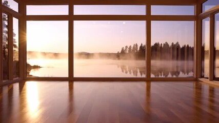 Static ambient wide shot of an empty waterfront yoga studio interior featuring smooth wood floors and an expansive panoramic view of a misty, calm lake at dawn commercial, design, luxury