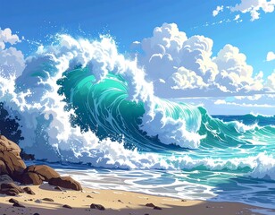 Large, curling turquoise wave under a sunny, cloud-filled sky at the coast