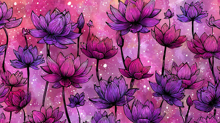 Vibrant Pink and Purple Lotus Flowers with Watercolor Splatter Background
