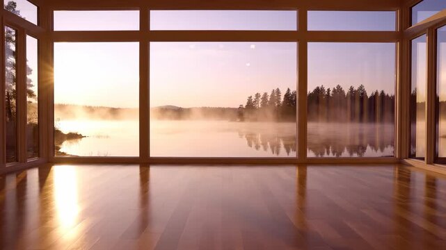 Static ambient wide shot of an empty waterfront yoga studio interior featuring smooth wood floors and an expansive panoramic view of a misty, calm lake at dawn commercial, design, luxury - Powered by Adobe