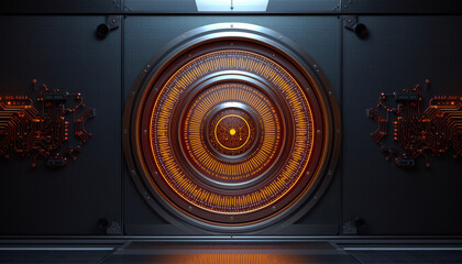 Futuristic glowing circular data vault door with concentric circuit rings and warm orange light