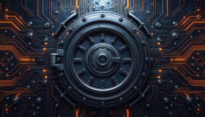Futuristic data vault door glowing circuit panel security ambiance