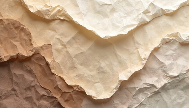 Layered crumpled paper in soft neutral tones creates organic shapes and textures. Subtle color transitions from brown to cream suggest natural forms, perfect for graphic design backgrounds.