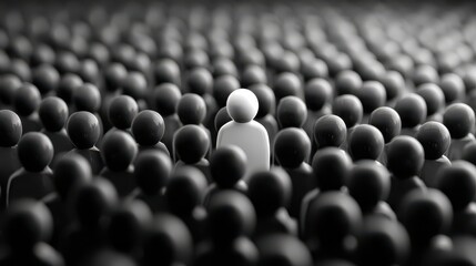 Obraz premium A Single White Figure Stands Out Amongst a Sea of Black Silhouetted Figures Representing Individuality and Unique Identity in a Crowded Environment