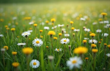 Field with yellow dandelions and white daisies blooming in green grass. Soft sunlit bokeh background creates peaceful natural scenery. Spring meadow flowers.