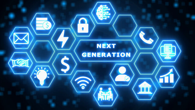 Blue hexagonal network of digital icons and the words NEXTGENERATION in the center next generation
