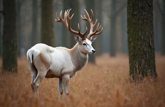 Majestic leucistic fallow deer stag with large antlers stands in autumn forest. White animal has light brown patches, gazes right among dry grass, trees. Rare wildlife creature observed in woodland.