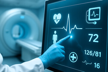 Physician interacting with advanced mri touch screen interface for diagnostic imaging precision in a high-budget private medical facility