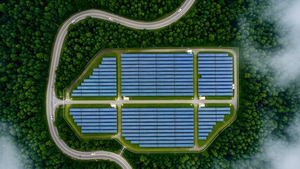 Aerial view of a large solar panel farm surrounded by green trees and a winding road with cloudy sky.