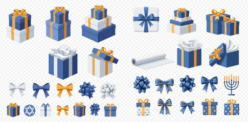 Hanukkah gift boxes, bows, and wrapping paper set for Jewish holiday celebration.