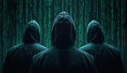 Hooded silhouette hackers against green digital code, ominous cyber threat atmosphere
