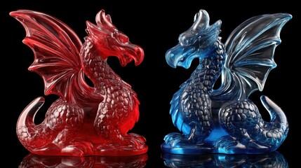 Fototapeta premium Intricate Glass Dragon Figurines in Red and Blue Colors with Detailed Scales and Wings, Perfect for Fantasy and Decorative Collections