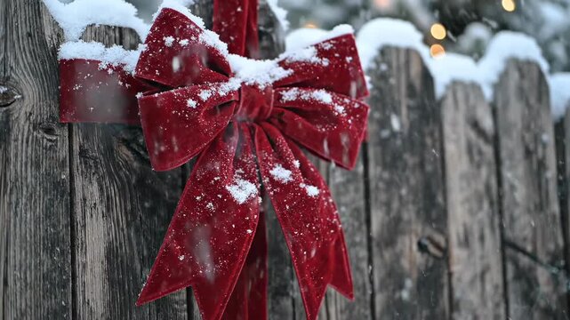 Static close up shot of a large traditional red velvet holiday bow decoration hanging on a rustic dark snow covered wooden fence facade hanging, prop, cold