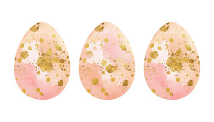 Watercolor egg trio with gold splatter and soft pink wash, elegant festive texture