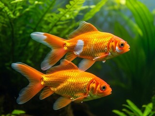 Two Colorful Goldfish Swimming in Lush Aquarium with Green Aquatic Plants