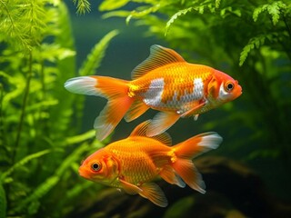Two Colorful Goldfish Swimming in Lush Aquarium with Green Aquatic Plants