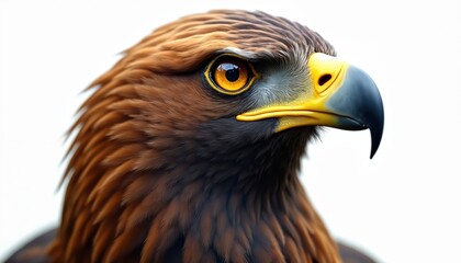 Obraz premium Golden eagle head close up. Fierce bird of prey with sharp yellow eye and dark beak stares intensely. Detailed brown feathers show intricate textures on white background.