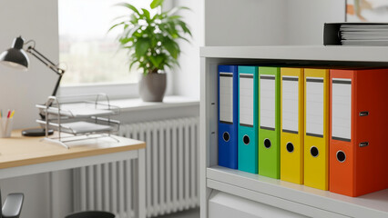 an office setting with a desk, lamp, and a shelf filled with colorful binders. A plant and a window are also visible