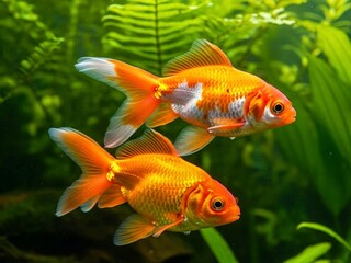 Two Colorful Goldfish Swimming in Lush Aquarium with Green Aquatic Plants