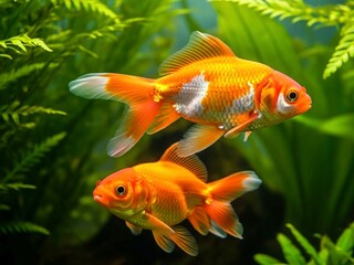 Two Colorful Goldfish Swimming in Lush Aquarium with Green Aquatic Plants