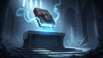 magical floating book levitating over an ancient stone altar within a dark ruined gothic temple for fantasy game art and mystical lore concepts