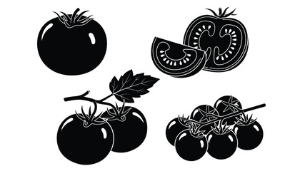 Black and white illustration of whole and sliced tomatoes with leaves and vine