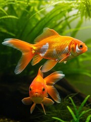 Two Colorful Goldfish Swimming in Lush Aquarium with Green Aquatic Plants