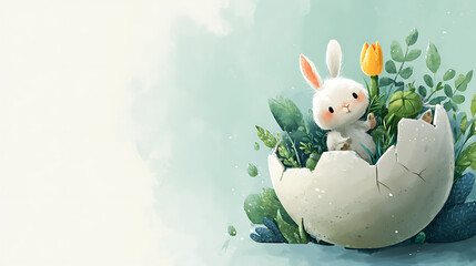 Whimsical Bunny in Cracked Egg with Spring Foliage and Tulip