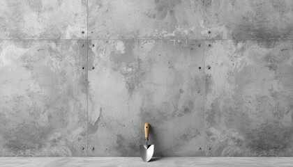 Minimal cement slab background with small trowel leaning, serene industrial texture