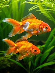 Two Colorful Goldfish Swimming in Lush Aquarium with Green Aquatic Plants