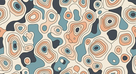 Fototapeta premium Abstract seamless pattern with a colorful topographic map or camouflage design, featuring organic shapes and contour lines in earthy tones.