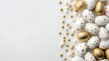 White and Gold Easter Eggs and Beads on White Surface