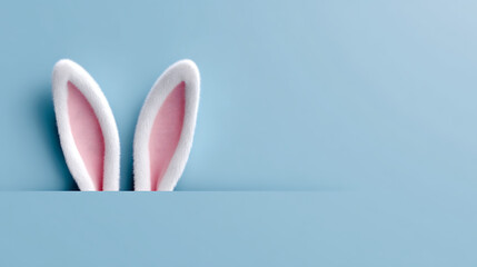White bunny ears with pink insides peeking from a blue surface