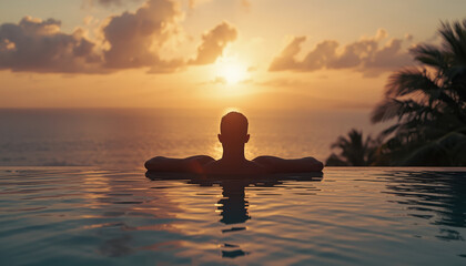 Silhouette man relaxing on infinity pool at sunset with ocean view and palm tree glow